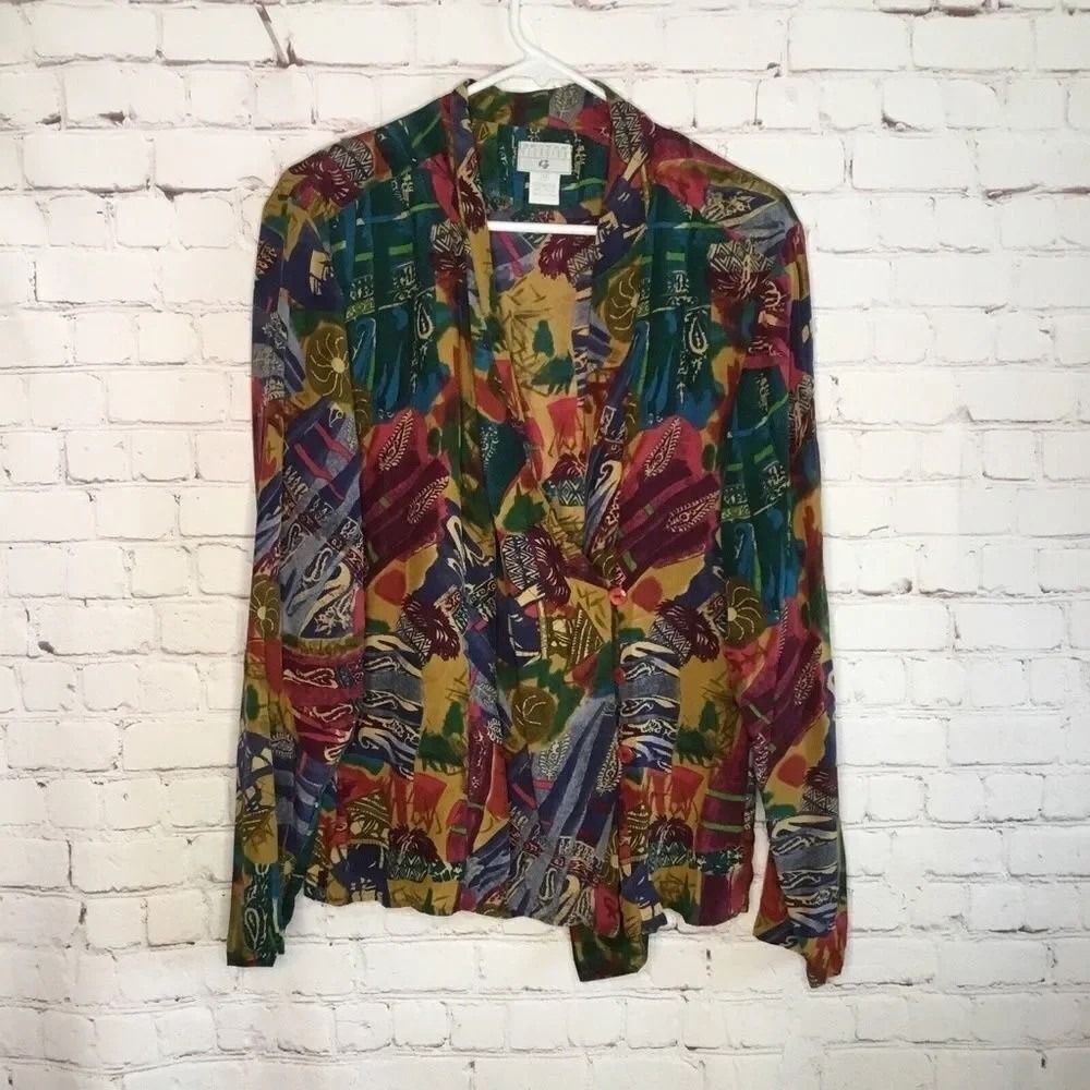 VTG George Georgiou Geometric Long Sleeve Shirt Blouse Women 14 Cyprus 100% Silk